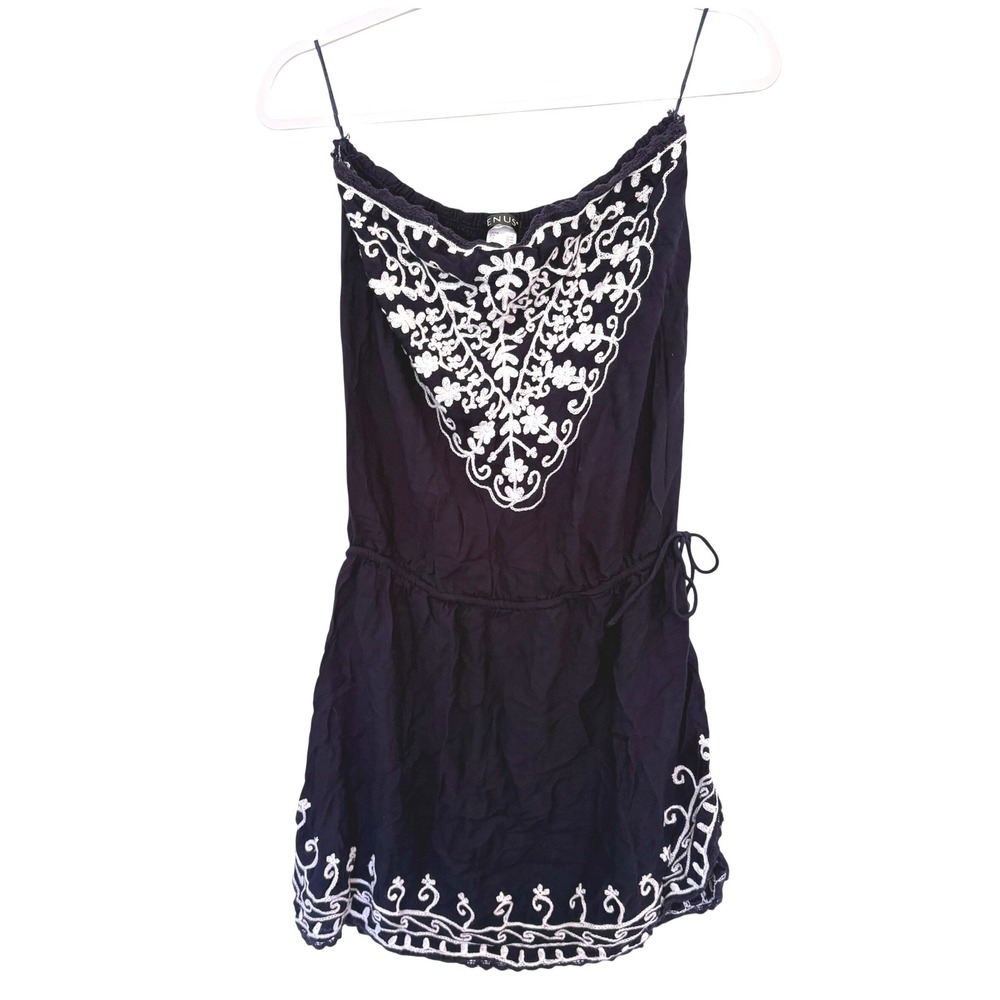 Vtg Venus Whimsigoth‎ Embroidered Romper Navy Blue White Strapless Coverup 2000s